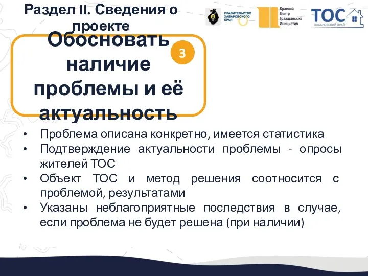 Раздел II. Сведения о проекте Проблема описана конкретно, имеется статистика Подтверждение актуальности