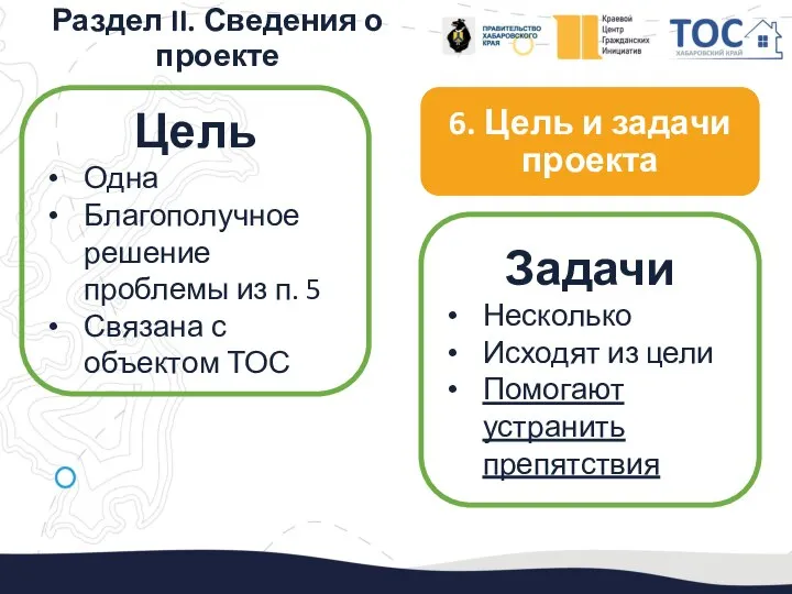 Раздел II. Сведения о проекте 6. Цель и задачи проекта Цель Одна