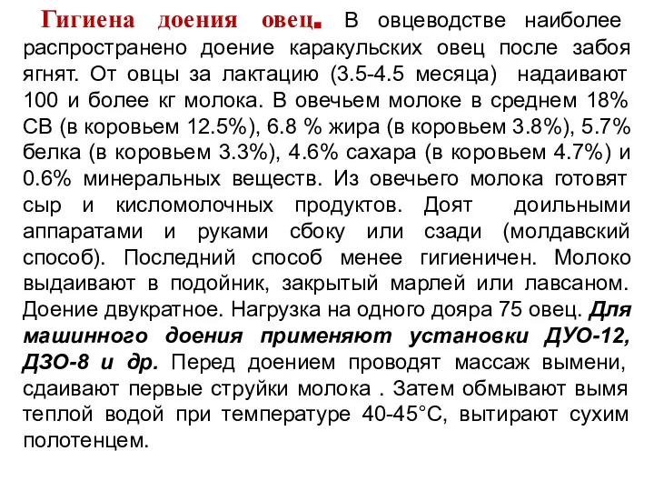 Гигиена доения овец. В овцеводстве наиболее распространено доение каракульских овец после забоя