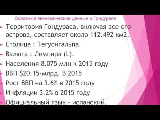 Основные экономические данные о Гондурасе Территория Гондураса, включая все его острова, составляет