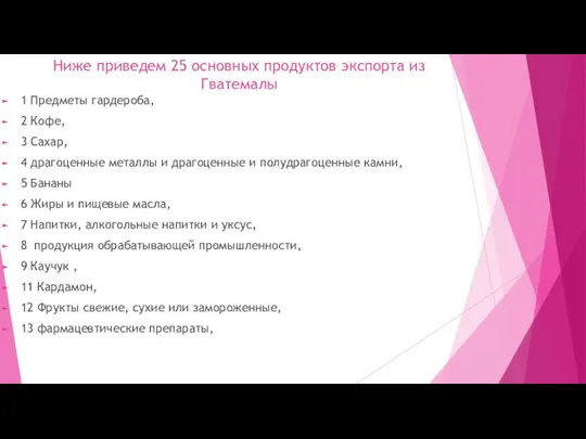 Ниже приведем 25 основных продуктов экспорта из Гватемалы 1 Предметы гардероба, 2