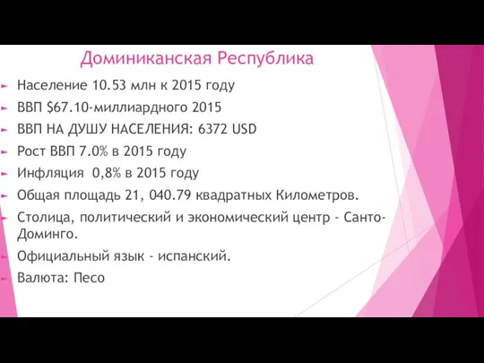 Доминиканская Республика Население 10.53 млн к 2015 году ВВП $67.10-миллиардного 2015 ВВП