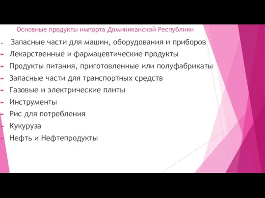 Основные продукты импорта Доминиканской Республики Запасные части для машин, оборудования и приборов