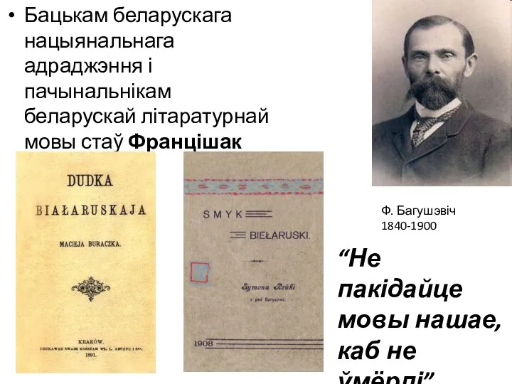 Бацькам беларускага нацыянальнага адраджэння і пачынальнікам беларускай літаратурнай мовы стаў Францішак Багушэвіч