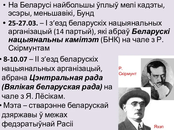 На Беларусі найбольшы ўплыў мелі кадэты, эсэры, меньшавікі, Бунд 25-27.03. – І