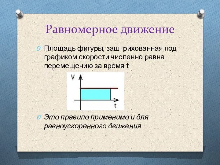 Площадь фигуры, заштрихованная под графиком скорости численно равна перемещению за время t