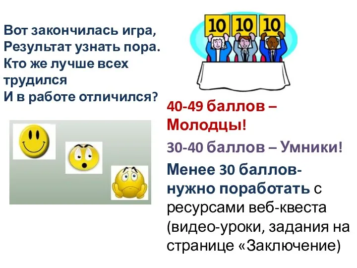 40-49 баллов –Молодцы! 30-40 баллов – Умники! Менее 30 баллов- нужно поработать