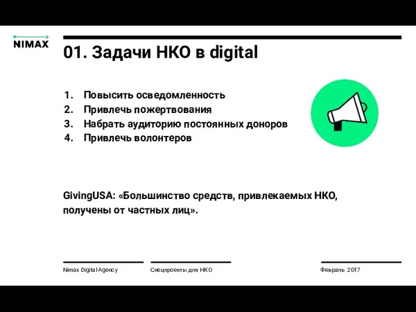 01. Задачи НКО в digital Nimax Digital Agency Повысить осведомленность Привлечь пожертвования