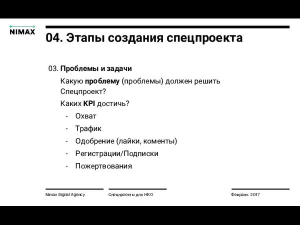 Nimax Digital Agency Спецпроекты для НКО Февраль 2017 04. Этапы создания спецпроекта