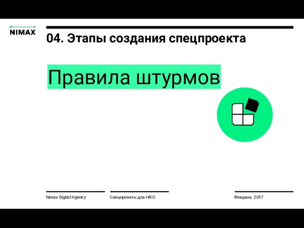 Nimax Digital Agency Спецпроекты для НКО Февраль 2017 04. Этапы создания спецпроекта Правила штурмов