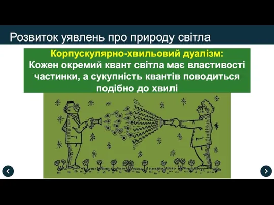 Розвиток уявлень про природу світла Корпускулярно-хвильовий дуалізм: Кожен окремий квант світла має