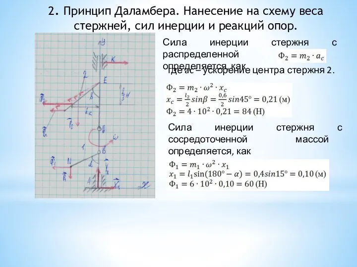 2. Принцип Даламбера. Нанесение на схему веса стержней, сил инерции и реакций