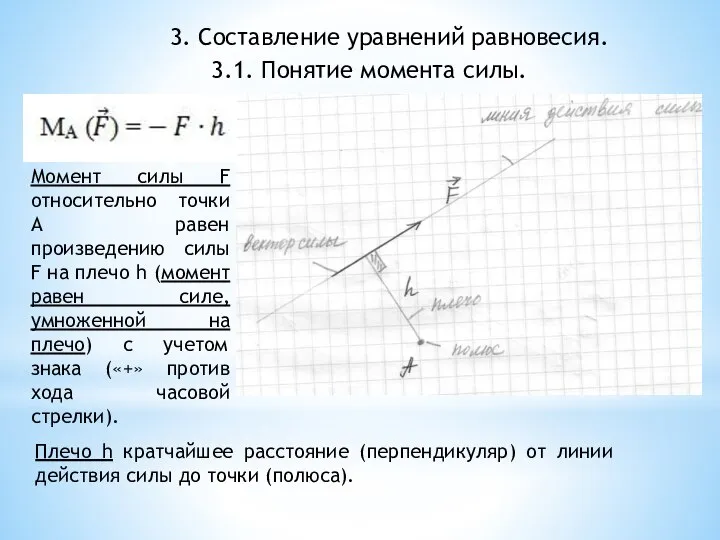 3. Составление уравнений равновесия. 3.1. Понятие момента силы. Момент силы F относительно