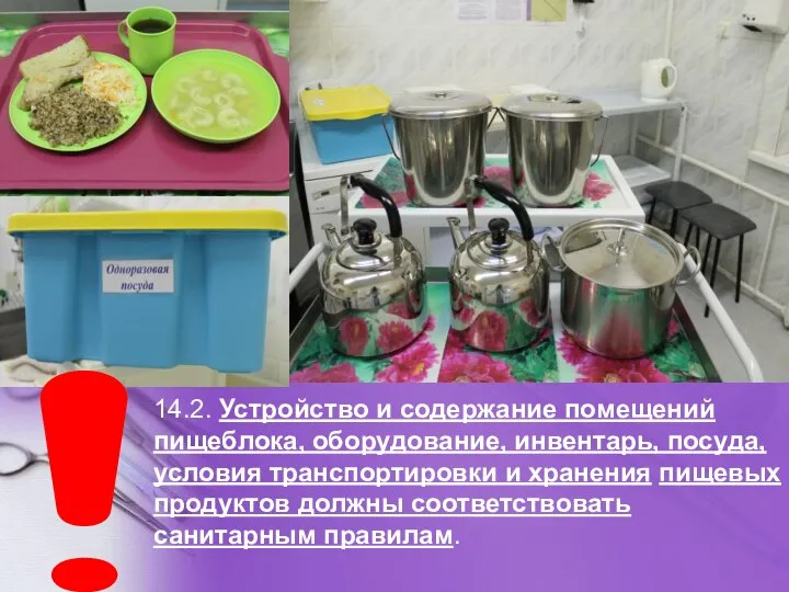 14.2. Устройство и содержание помещений пищеблока, оборудование, инвентарь, посуда, условия транспортировки и