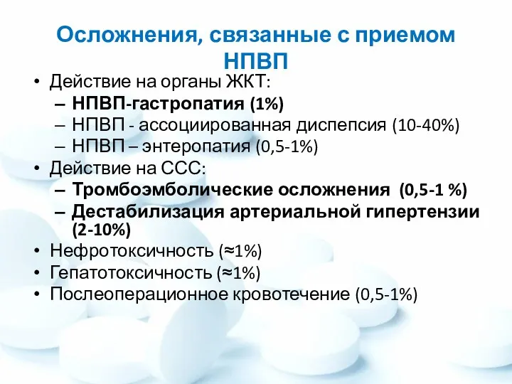 Осложнения, связанные с приемом НПВП Действие на органы ЖКТ: НПВП-гастропатия (1%) НПВП