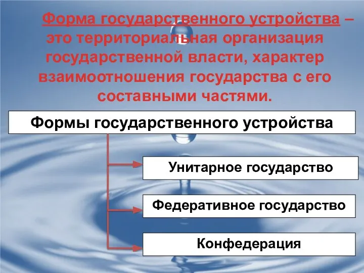 Форма государственного устройства – это территориальная организация государственной власти, характер взаимоотношения государства с его составными частями.