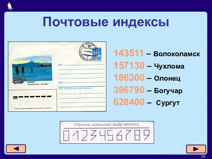 Почтовые индексы 143511 – Волоколамск 157130 – Чухлома 186300 – Олонец 396790