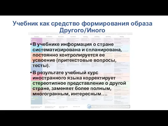 Учебник как средство формирования образа Другого/Иного В учебнике информация о стране систематизирована