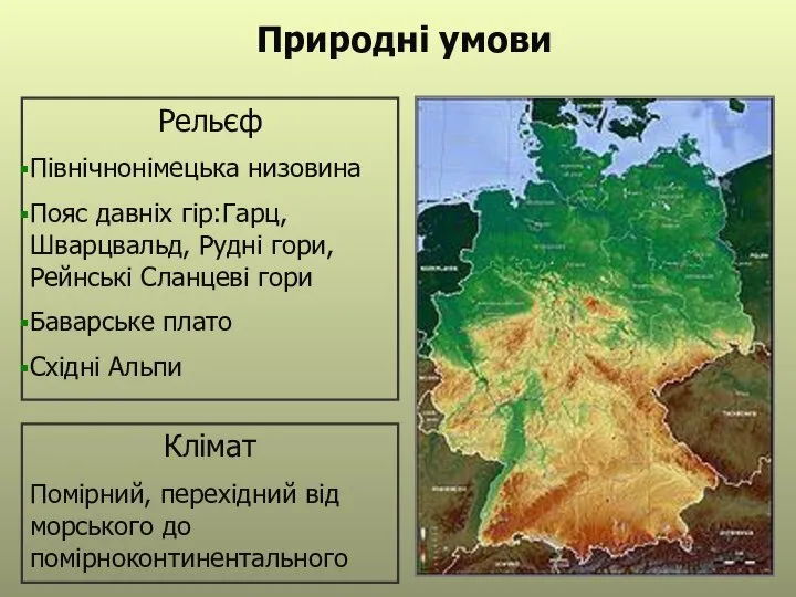 Природні умови Рельєф Північнонімецька низовина Пояс давніх гір:Гарц, Шварцвальд, Рудні гори, Рейнські