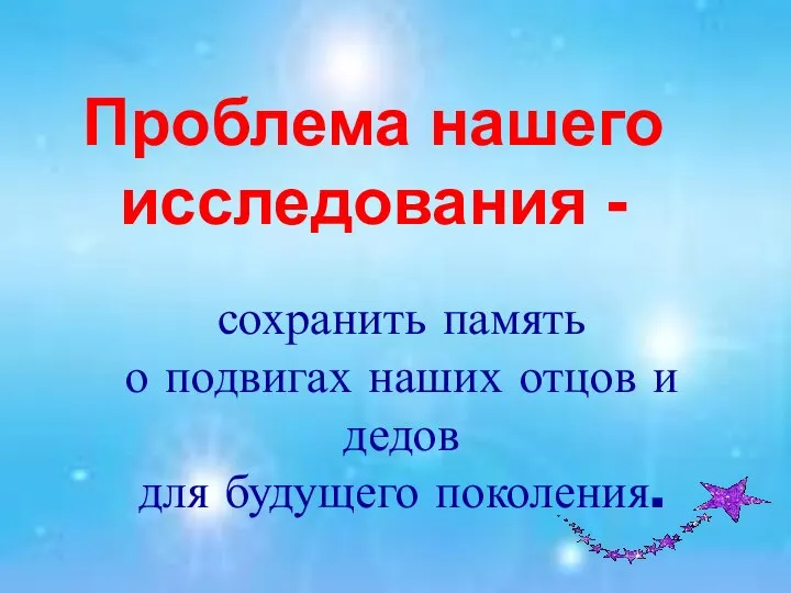 Проблема нашего исследования - сохранить память о подвигах наших отцов и дедов для будущего поколения.