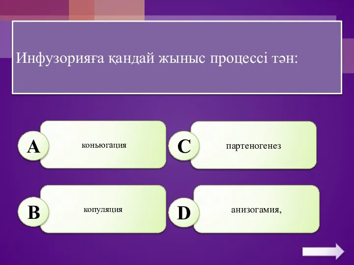 Инфузорияға қандай жыныс процессі тән: коньюгация партеногенез копуляция анизогамия, А B C D