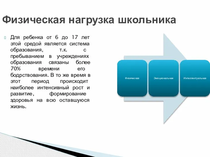 Физическая нагрузка школьника Для ребенка от 6 до 17 лет этой средой