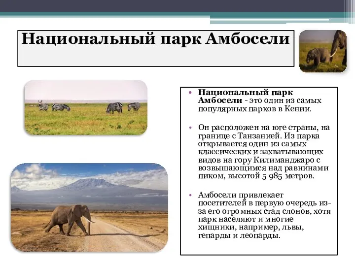 Национальный парк Амбосели Национальный парк Амбосели - это один из самых популярных