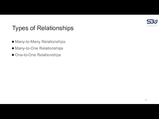 Types of Relationships Many-to-Many Relationships Many-to-One Relationships One-to-One Relationships