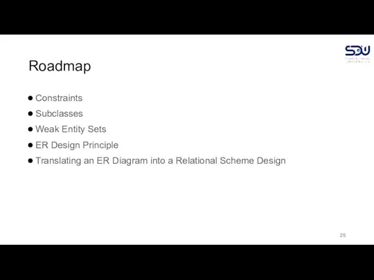 Roadmap Constraints Subclasses Weak Entity Sets ER Design Principle Translating an ER