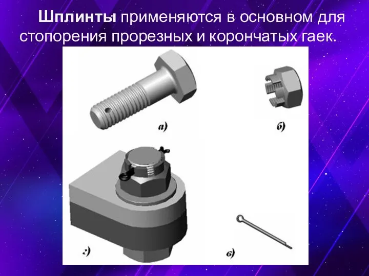 Шплинты применяются в основном для стопорения прорезных и корончатых гаек.