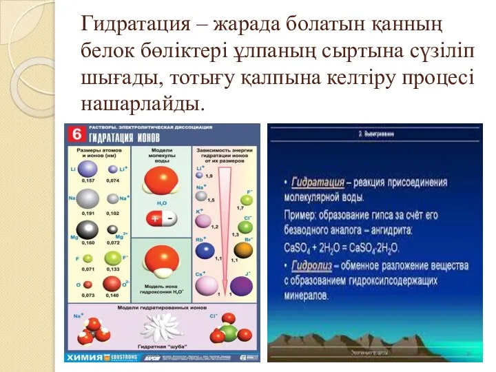 Гидратация – жарада болатын қанның белок бөліктері ұлпаның сыртына сүзіліп шығады, тотығу қалпына келтіру процесі нашарлайды.