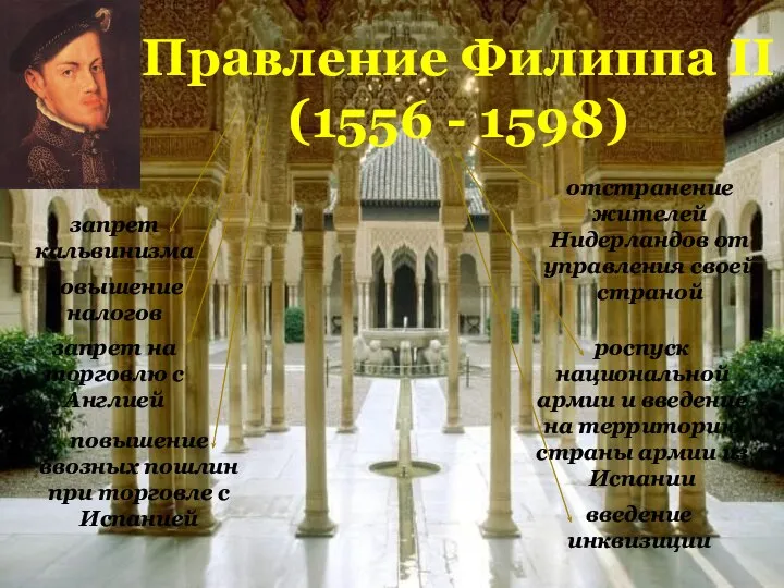 Правление Филиппа II (1556 - 1598) запрет кальвинизма повышение налогов запрет на