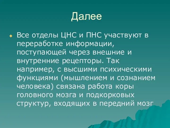 Далее Все отделы ЦНС и ПНС участвуют в переработке информации, поступающей через