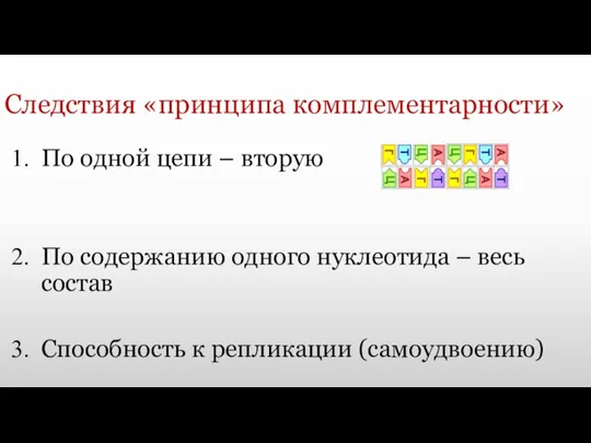 Следствия «принципа комплементарности» По одной цепи – вторую По содержанию одного нуклеотида