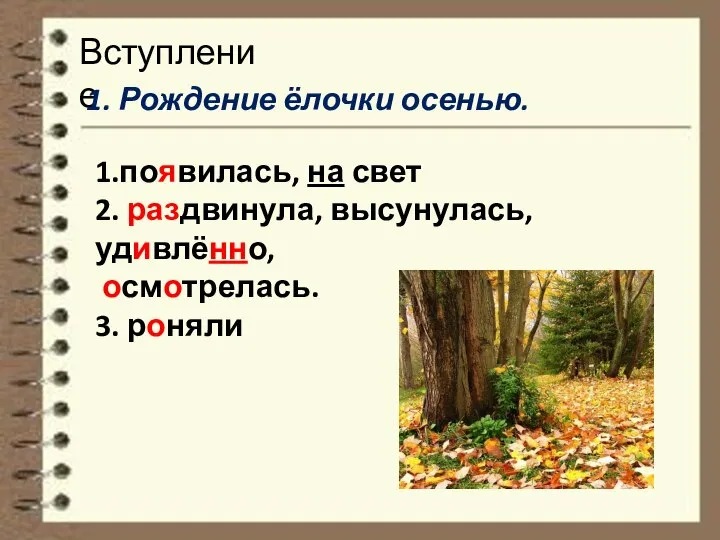 Вступление 1. Рождение ёлочки осенью. 1.появилась, на свет 2. раздвинула, высунулась, удивлённо, осмотрелась. 3. роняли