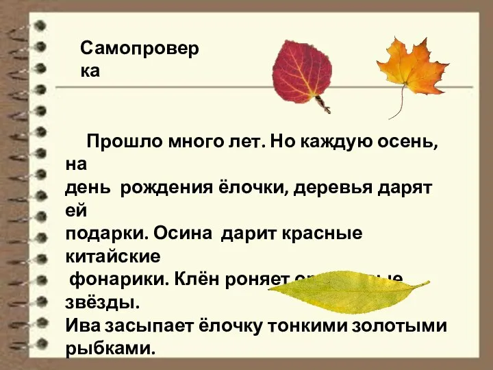 Самопроверка Прошло много лет. Но каждую осень, на день рождения ёлочки, деревья