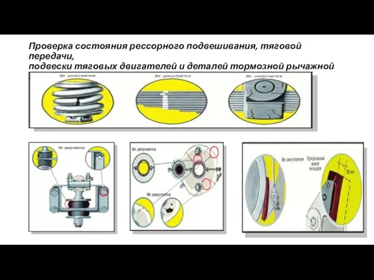 Проверка состояния рессорного подвешивания, тяговой передачи, подвески тяговых двигателей и деталей тормозной рычажной передачи