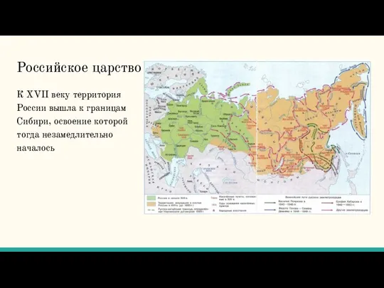 Российское царство К XVII веку территория России вышла к границам Сибири, освоение которой тогда незамедлительно началось