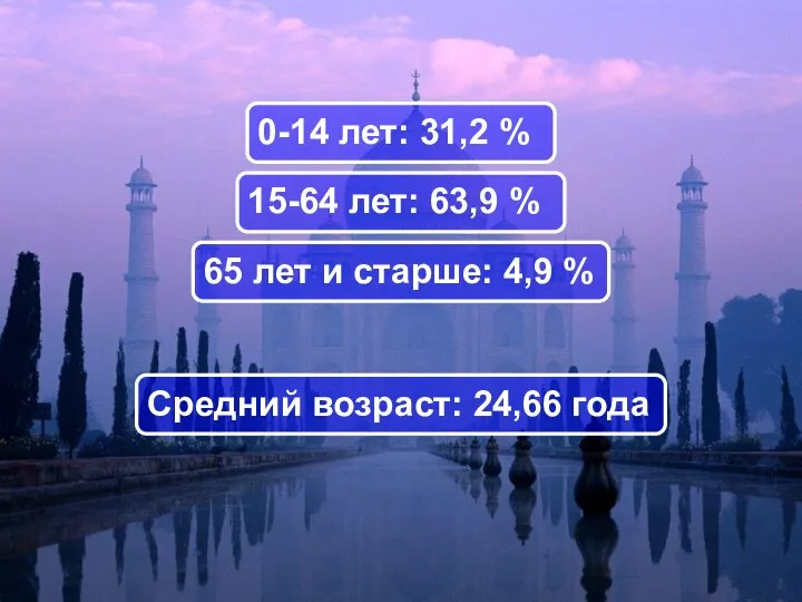 Средний возраст: 24,66 года 0-14 лет: 31,2 % 15-64 лет: 63,9 %