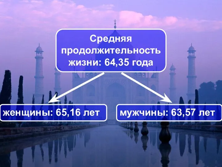 Средняя продолжительность жизни: 64,35 года мужчины: 63,57 лет женщины: 65,16 лет