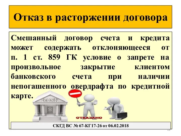 Отказ в расторжении договора Смешанный договор счета и кредита может содержать отклоняющееся