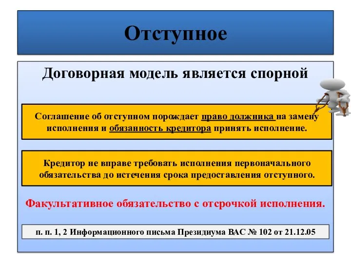 Отступное Договорная модель является спорной Соглашение об отступном порождает право должника на