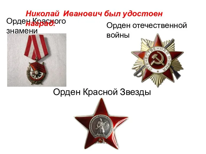 Орден Красного знамени Орден Красной Звезды Орден отечественной войны Николай Иванович был удостоен наград: