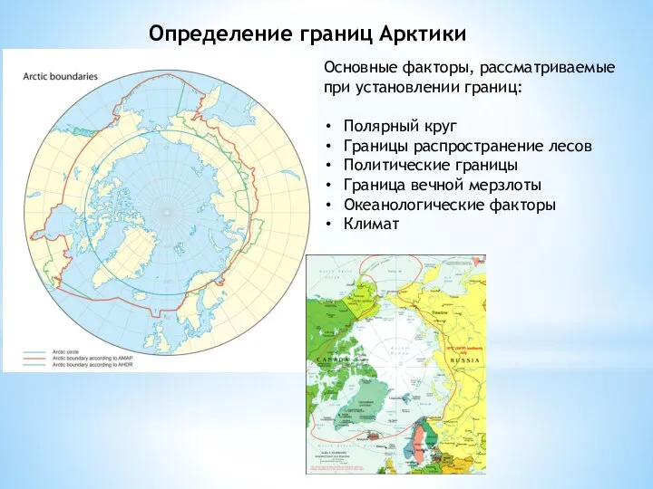 Основные факторы, рассматриваемые при установлении границ: Полярный круг Границы распространение лесов Политические