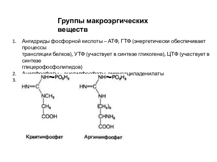 Группы макроэргических веществ Ангидриды фосфорной кислоты – АТФ, ГТФ (энергетически обеспечивает процессы