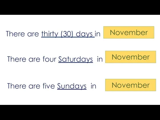 There are thirty (30) days in November There are four Saturdays in