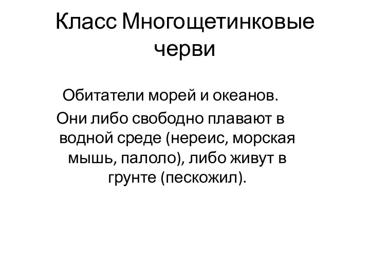 Класс Многощетинковые черви Обитатели морей и океанов. Они либо свободно плавают в