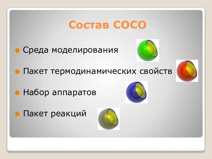 Состав СОСО Среда моделирования Пакет термодинамических свойств Набор аппаратов Пакет реакций