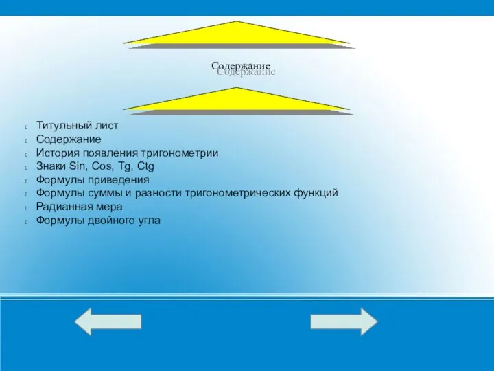 Титульный лист Содержание История появления тригонометрии Знаки Sin, Cos, Tg, Ctg Формулы