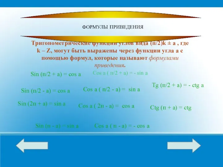 Тригонометрические функции углов вида (п/2)k ± a , где k – Z,